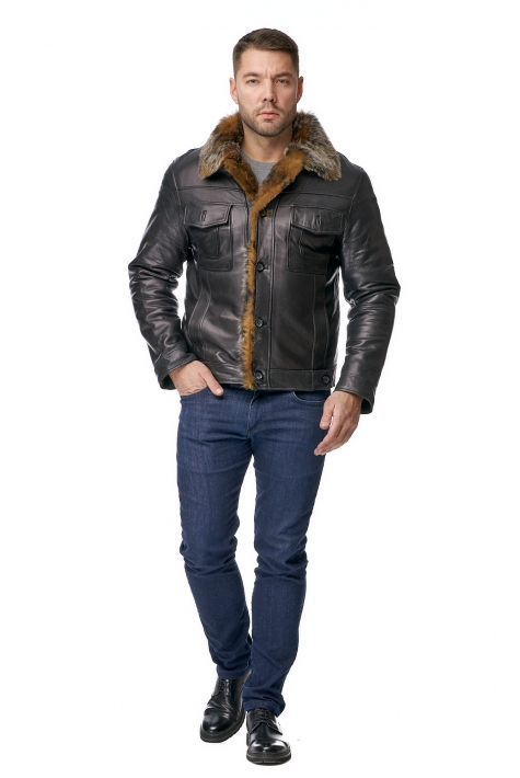 Мужская кожаная куртка из натуральной кожи на меху с воротником, отделка енот 8011055